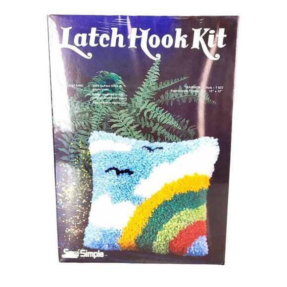 Vintage 70s Sew Simple Latch Hook Pillow Rainbow Sky Birds 12" x 12" Craft T-522 - Picture 6 of 8